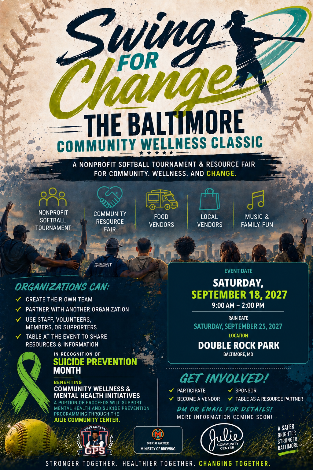 Official Swing for Change 2027 event flyer for September 18 at Double Rock Park